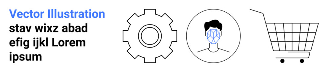 Gear symbolizing settings, face scan ID indicating user verification, and shopping cart representing online shopping. Ideal for tech, e-commerce, security, innovation, user interface, online stores