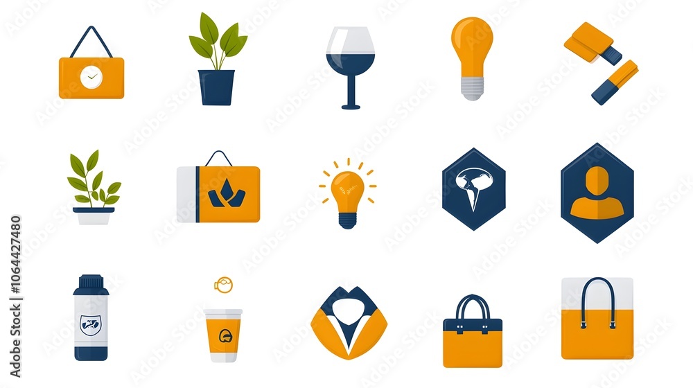 Poster comprehensive icon set showcasing various elements of corporate responsibility including charity ini