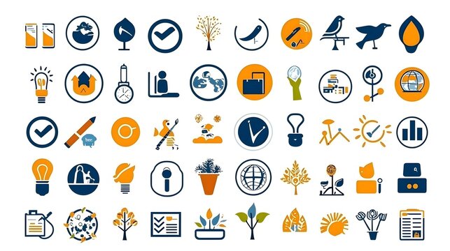 Collection of corporate social responsibility themed icons and symbols on a white background representing community support environmental care ethics and sustainable business practices