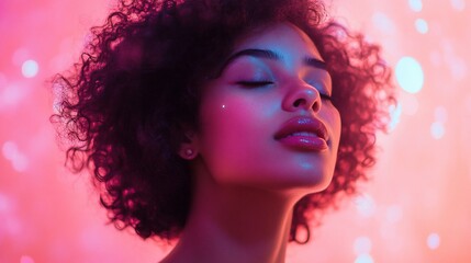 A young woman with afro hair and closed eyes, bathed in pink and blue light.