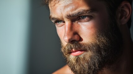 Obraz premium A man with a beard looks intently off-camera