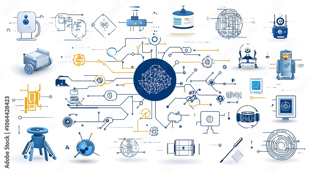 Aufkleber Assortment of AI powered icons depicting machine learning algorithms neural networks and robotics elements against a clean white background  This represents the advancements in intelligence