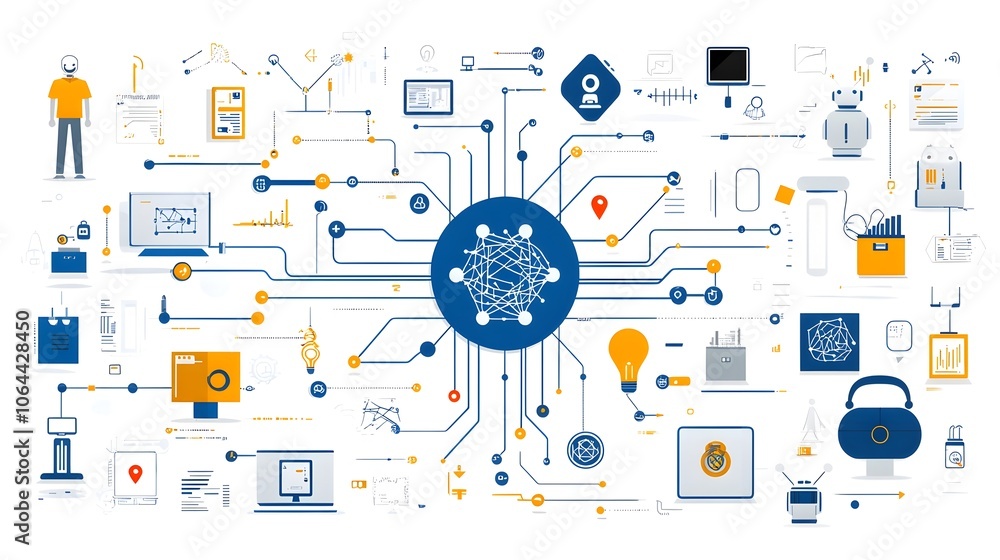Fototapete Comprehensive set of technology icons featuring neural networks algorithms and smart robots against a clean white background  Represents the innovation progress