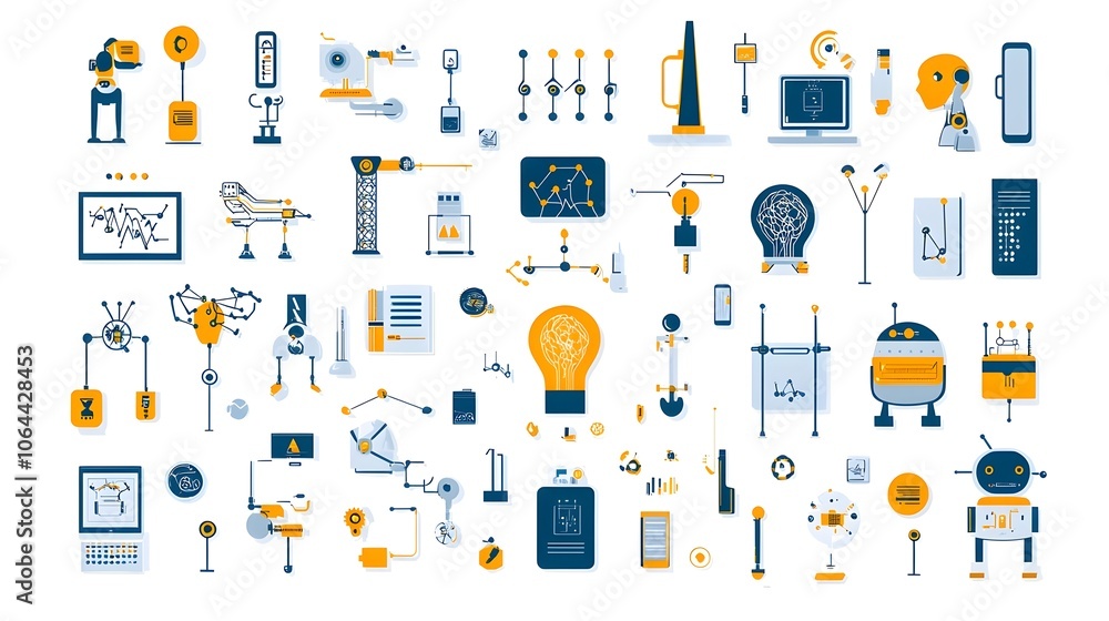 Poster Set of modern icons representing the advancement and innovation of intelligence technology including neural networks algorithms and smart robotic systems all placed against a clean white background