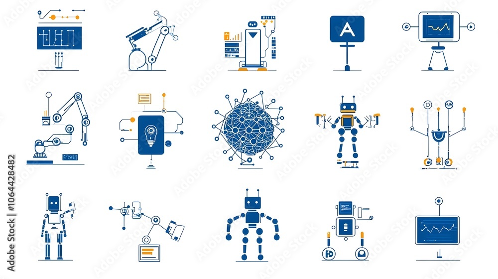 Poster of a set of icons for technology featuring neural networks algorithms and smart robots  This graphic depicts the concepts of intelligence machine learning automation