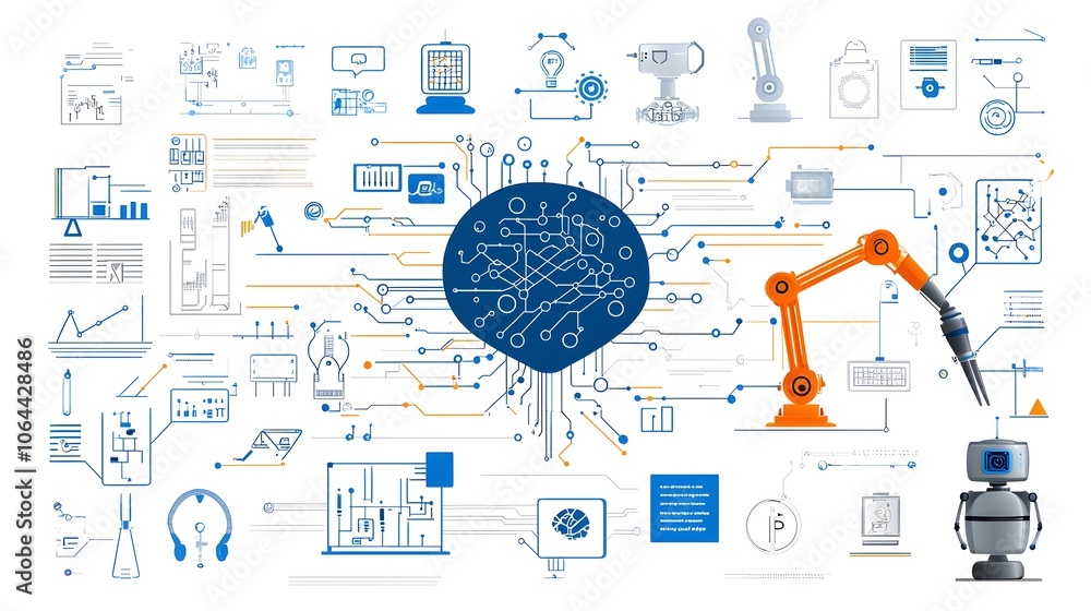 Aufkleber Set of icons showcasing intelligence technology such as neural networks algorithms and smart robots all placed against a clean white background for a minimalist and futuristic design