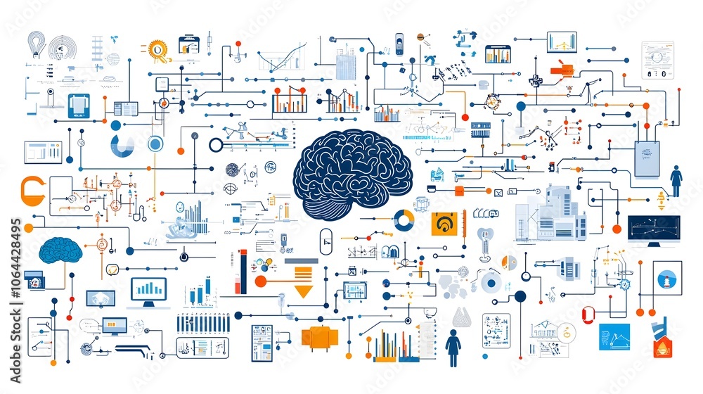 Poster Collection of innovative development icons including digital brain algorithms and data flow on a clean white background representing the concept of technology science and computer programming