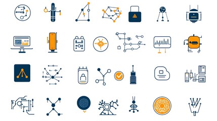 Naklejka premium Comprehensive Collection of AI Themed Icons Showcasing Machine Learning Algorithms Neural Networks and Robotics on a White Background