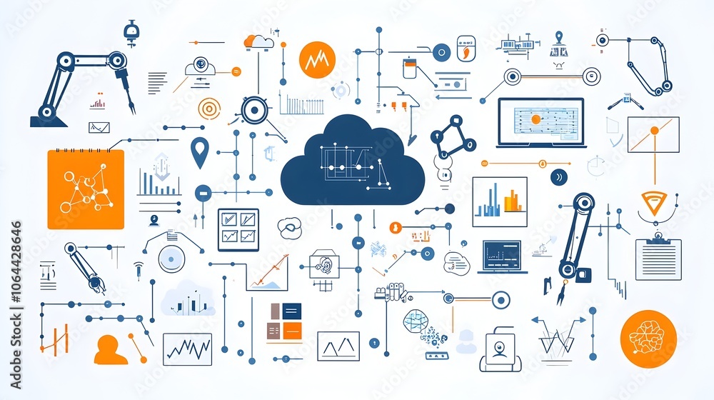 Poster Intelligence Icons and Robotic Arms Cloud Computing Big Data Analysis on White Background