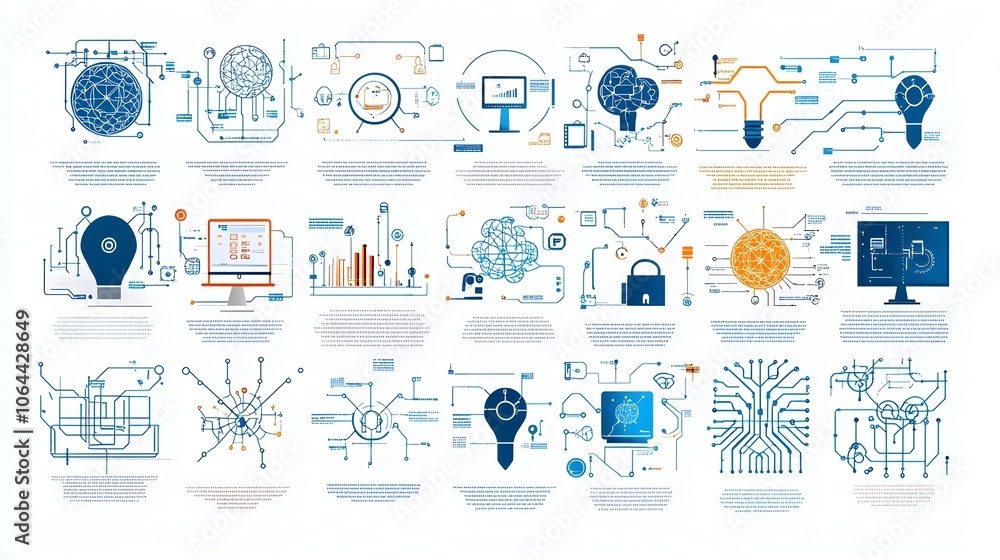 Poster Collection of technology icons including machine vision neural networks and cognitive intelligence on a white background