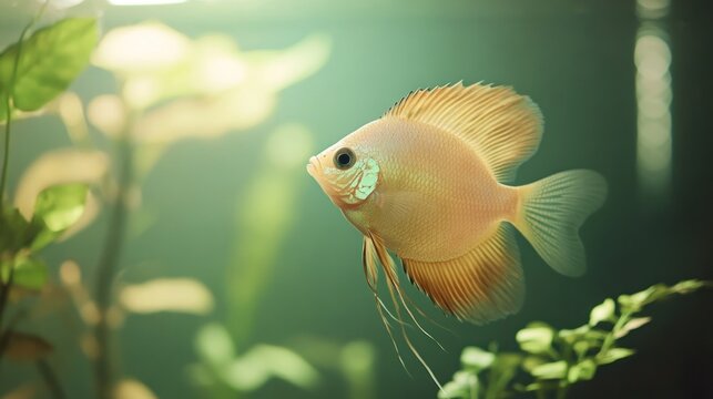 Elegant pearl gourami in an aquascaped tank with soft lighting