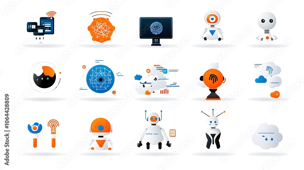 Poster icon collection featuring neural networks robotic assistants and cloud services on a white background  Representing the latest advancements in intelligence machine learning and digital technology