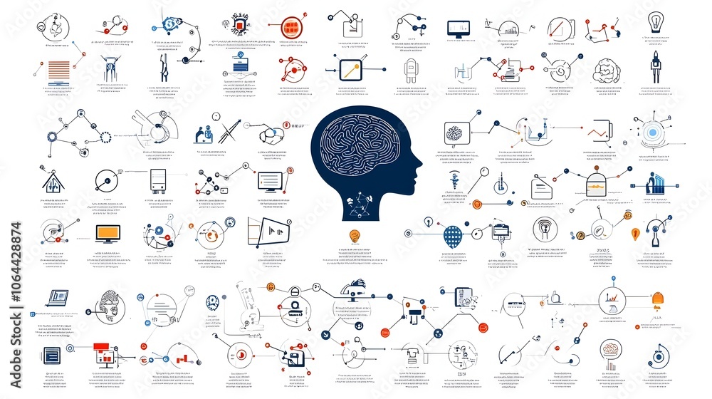 Aufkleber Captivating collection of icons featuring a robotic head digital brain and predictive analytics symbols on a clean white background  This futuristic symbolizes innovation technology