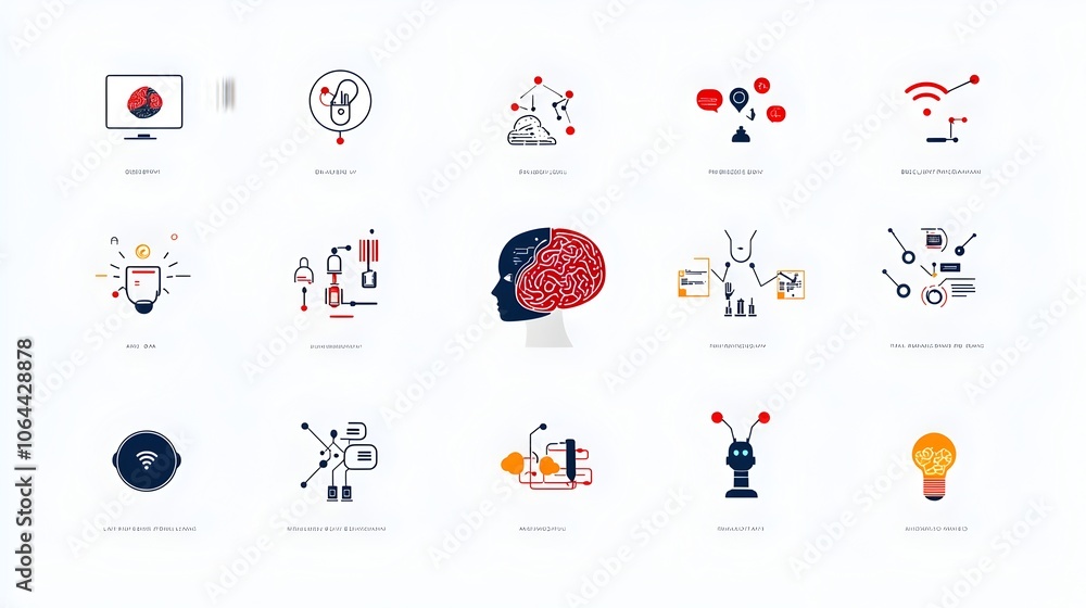 Poster Collection of AI powered digital brain and predictive analytics icons on a clean white background representing the latest advancements in intelligence machine learning