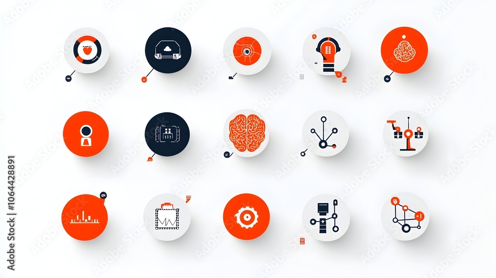 Aufkleber Collection of AI powered digital icons featuring a robotic head brain and predictive analytics symbols on a clean white background  Representing the advancement of intelligence machine learning