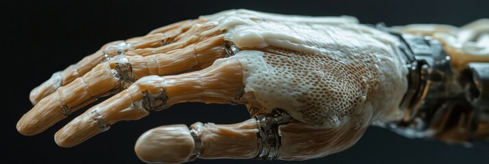 A detailed view of a realistic prosthetic hand designed with skin-like material, highlighting advanced technology in artificial limbs. Generative AI
