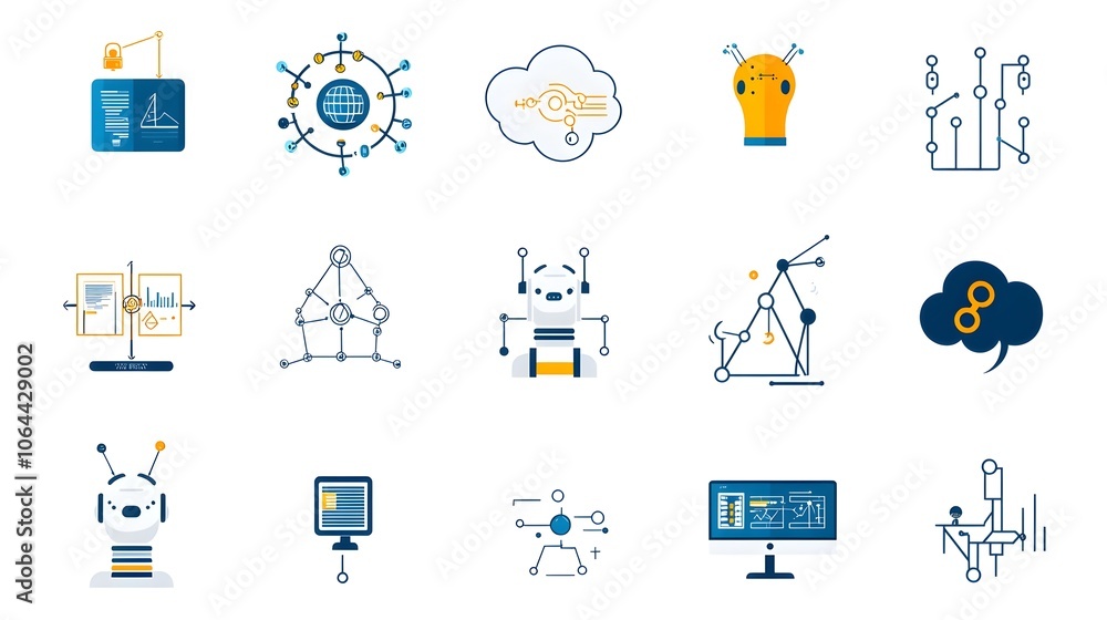 Aufkleber set of icons and symbols for intelligence robotics cloud computing and data analytics on a clean white background  Conceptual for technology software and digital solutions