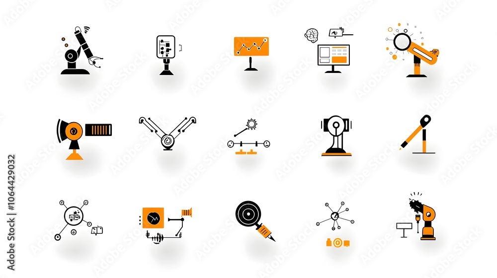 Poster Abstract of intelligence symbols and icons representing predictive analysis machine vision and automation technology tools on a clean white background