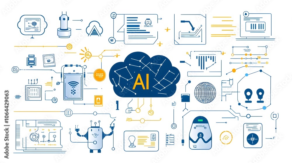 Poster Comprehensive set of icons representing various elements of intelligence including robotics AI cloud data analytics and other cutting edge technology concepts