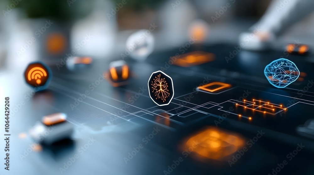 Aufkleber Robotic Process Automation Neural Pathways and Data Flow Digital technology icons featuring interconnected neural networks data analytics and business process automation on a clean white background