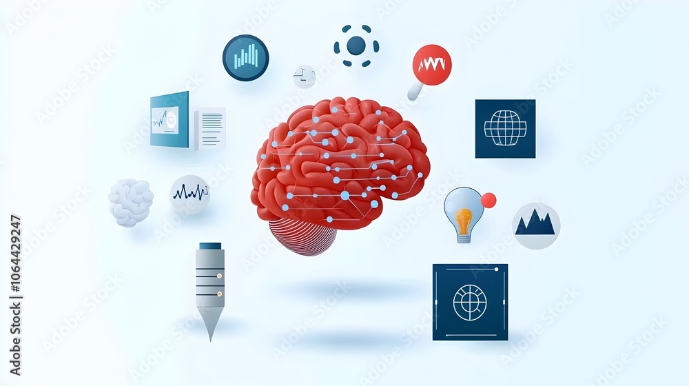 Fototapete intelligence icons with symbols of data analysis algorithms and digital brain on a clean white background  of modern technology computer science and innovation concepts