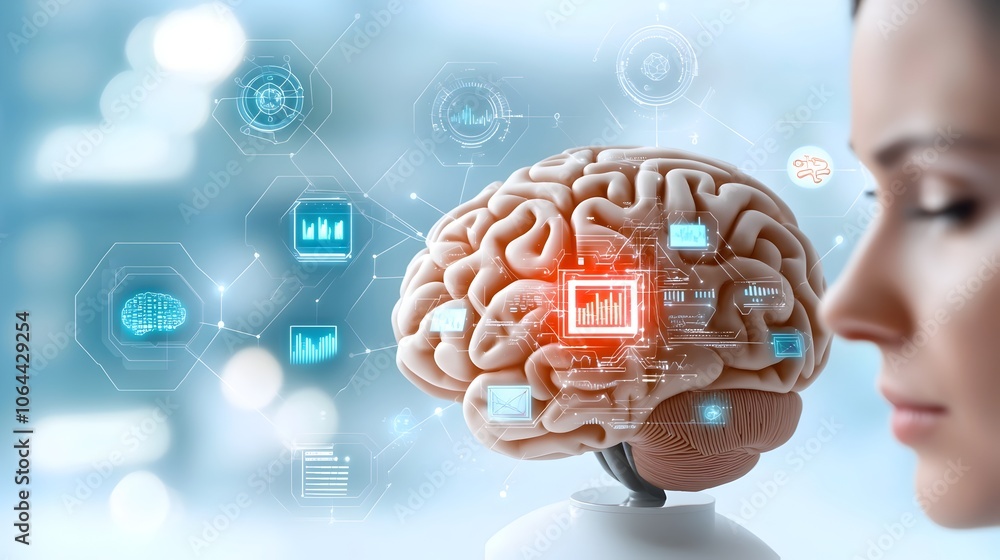 Poster graphic of intelligence symbols data analysis algorithms and digital brain concept on a clean white background  Depicting the technology