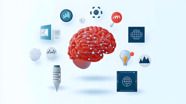 intelligence icons with symbols of data analysis algorithms and digital brain on a clean white background  of modern technology computer science and innovation concepts
