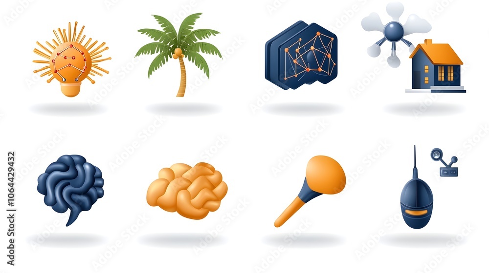 Fototapete Collection of technology icons and symbols representing neural networks algorithms and cognitive computing processes on a minimalist white background  Digital for software data science