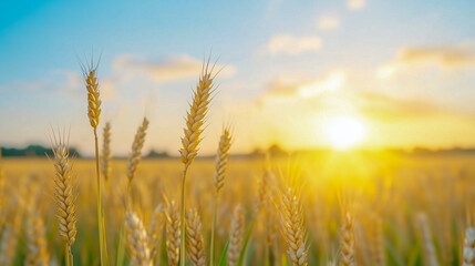 Fototapeta premium Field of wheat at sunset 