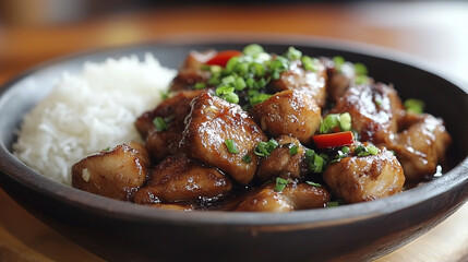 Fototapeta premium Filipino adobo with chicken, marinated in soy sauce, vinegar, garlic, and spices, served with white rice