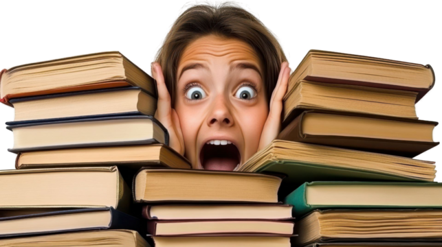 Student overwhelmed with books.