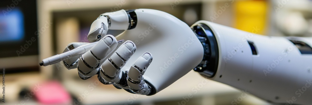 Poster a robotic prosthetic hand skillfully clutches a small object, showcasing advanced mechanics in a lab
