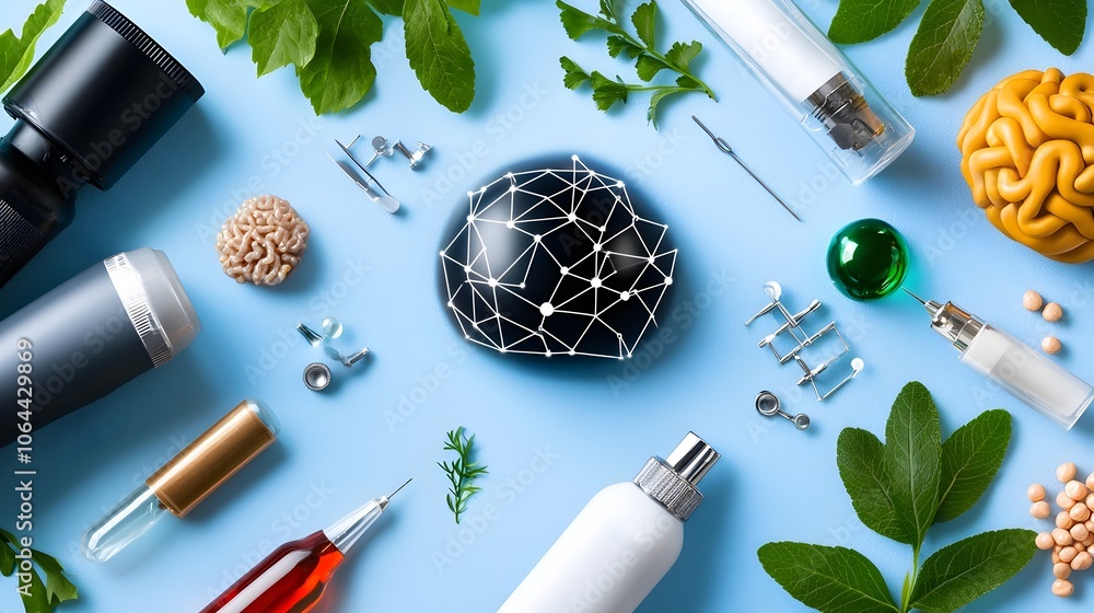 Aufkleber of various icons and symbols representing intelligence neural networks big data automation tools and other technological concepts on a clean white background  Flat design