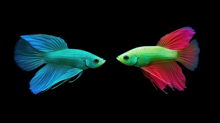 Siamese fighting fish in vibrant neon colors, blue and green, minimalistic underwater