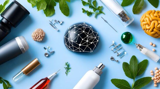 of various icons and symbols representing intelligence neural networks big data automation tools and other technological concepts on a clean white background  Flat design