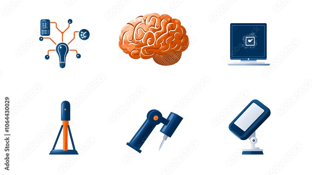 Poster Collection of intelligence icons depicting digital brain machine learning pathways smart devices and technology on a minimalist white background  Representing the innovative futuristic