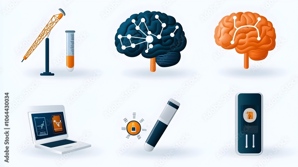 Poster Comprehensive showcasing a collection of intelligence icons featuring digital brain machine learning pathways smart devices and other futuristic technology concepts on a clean white background