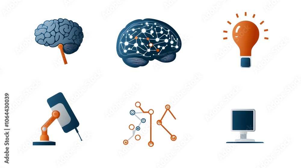 Aufkleber Collection of abstract intelligence icons featuring digital brain machine learning pathways smart devices and other technology symbols on a minimalist white background