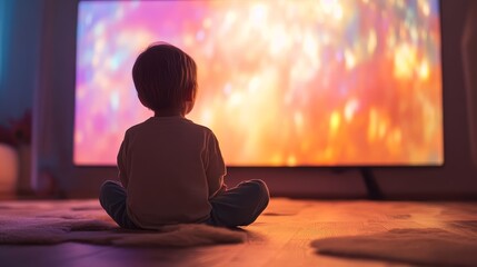 Young Boy Watching Television in Dimly Lit Room - Entertainment and Relaxation Concept