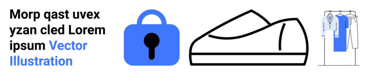 Blue lock icon, outlined shoe, and clothes hanger with shirts. Ideal for security, fashion, retail, design, e-commerce, branding, and digital content. Banner for landing page