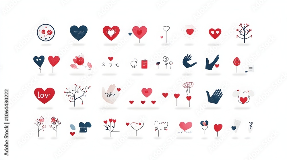 Poster of a collection of romantic love icons and symbols featuring sweet gestures between a loving couple 