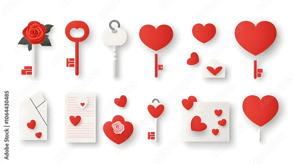 Poster elegant icons and design elements for romantic themes including love notes heart shapes keys and ros