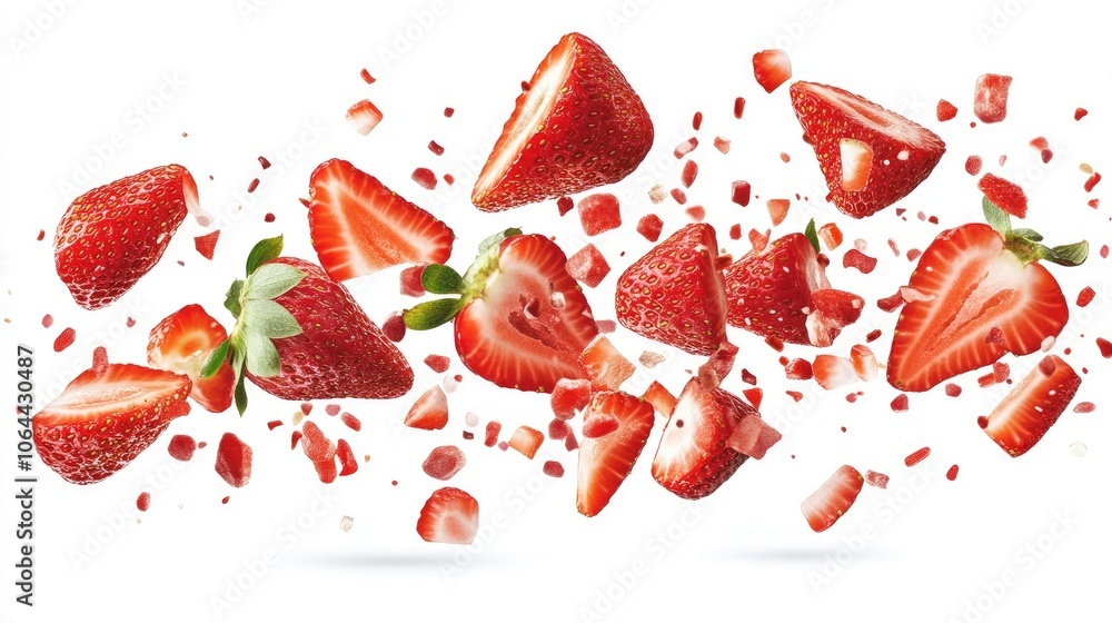 Poster fresh strawberries in motion with dynamic splash effect