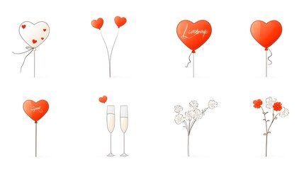 Romantic icons featuring heart shaped balloons flowers and champagne glasses on a white background  Ideal for wedding anniversary and other romantic and designs