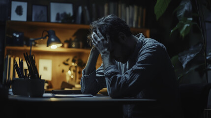 Fototapeta premium person resting their head on their hands, looking stressed in dimly lit room
