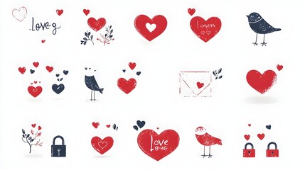 Romantic icon set with various symbols of love including birds hearts locks and love letters presented in a on a clean white background  This design can be used for wedding Valentine s Day