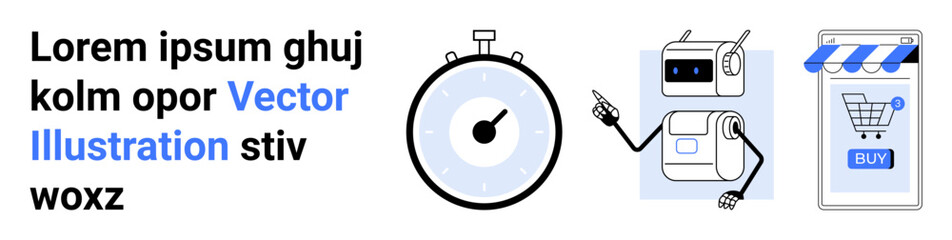 Cartoon robot pointing to stopwatch and online shopping store with buy button. Ideal for time management, e-commerce, technology, AI, automation, digital marketing, business strategy. Line metaphor