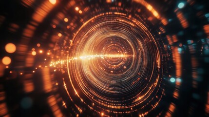 Obraz premium 3d illustration of abstract geometric composition with glowing particles in dark space.