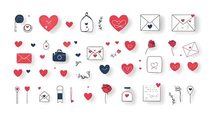Romantic love symbols including heart shapes love letters and delicate rose petals on a clean white background design