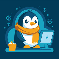 Cute Penguin in a Winter Scarf, Browsing the Internet on a Desktop